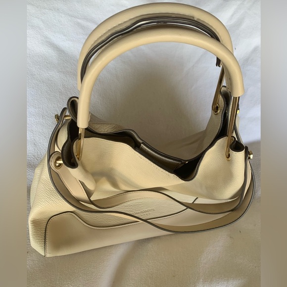 SANDRA ROBERTS SQUARED Large Leather Ivory Shoulder Bag Double Handles Womens - Picture 12 of 14